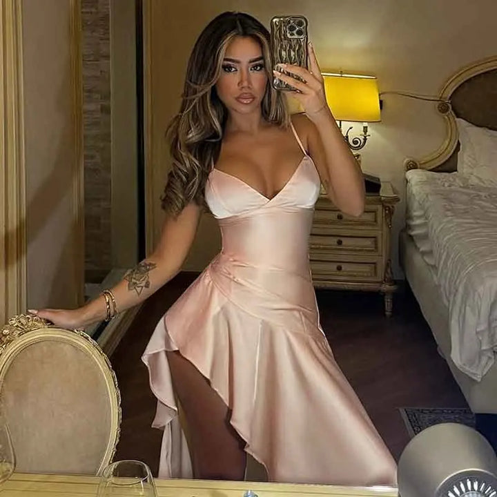 Satin Maxi Dress with Ruffle and Slit Detail - Siana