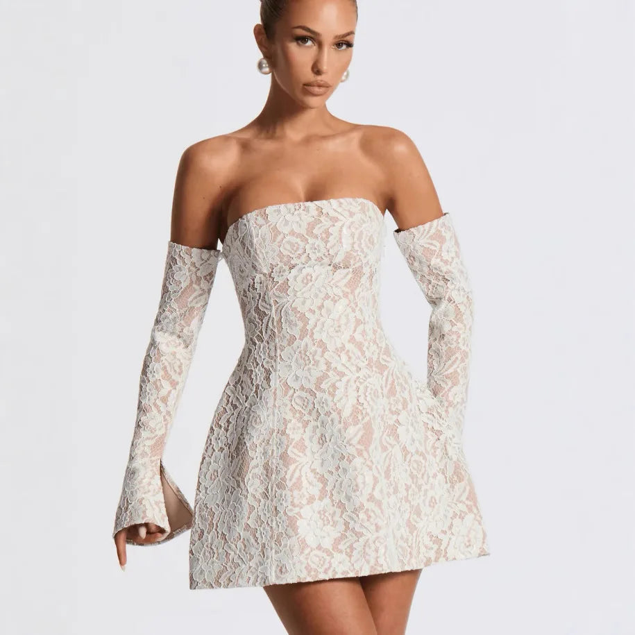 Lace mini dress in A-line cut with matching sleeve details - Ann
