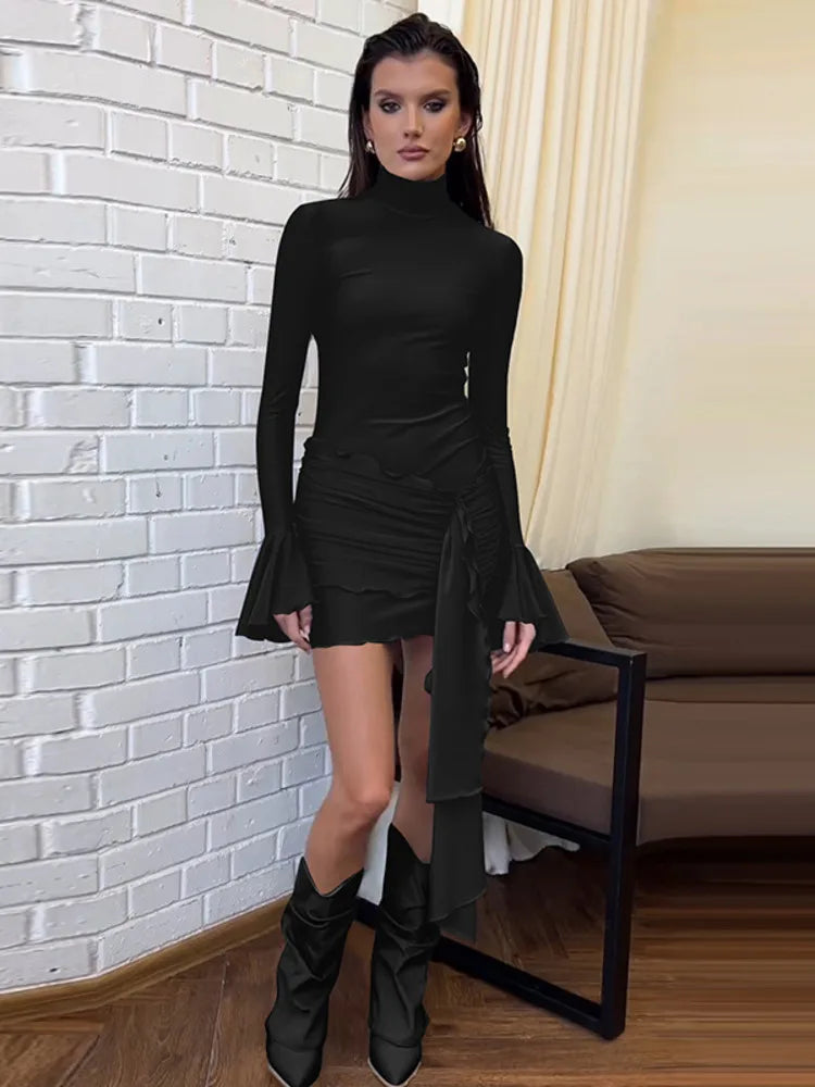 Turtleneck mini dress with bell sleeves and ruffle detail - Jenna