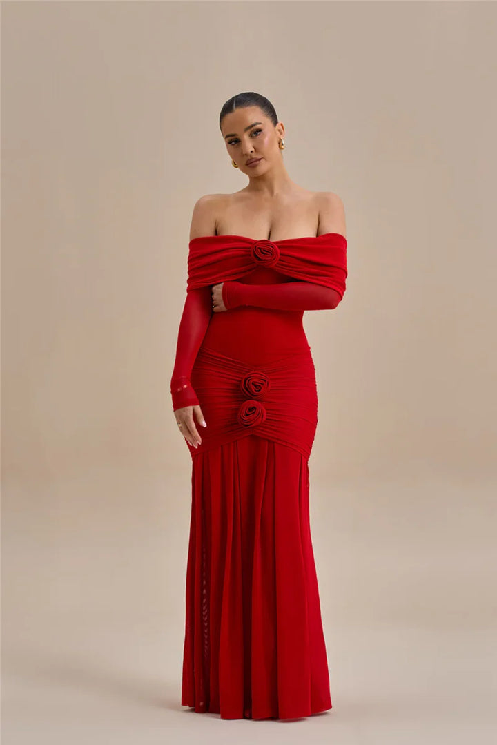 Off-shoulder maxi dress with ruching and floral appliqué decoration - Angelica