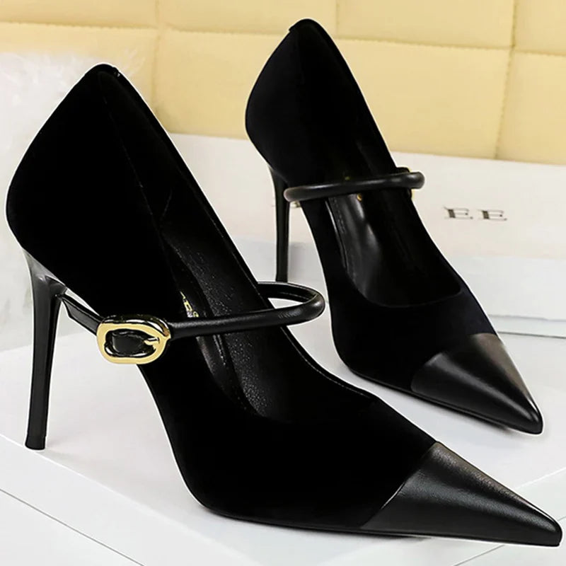 Pointed Heel Shoes with Velvet and Faux Leather Buckle Decoration - Mabel