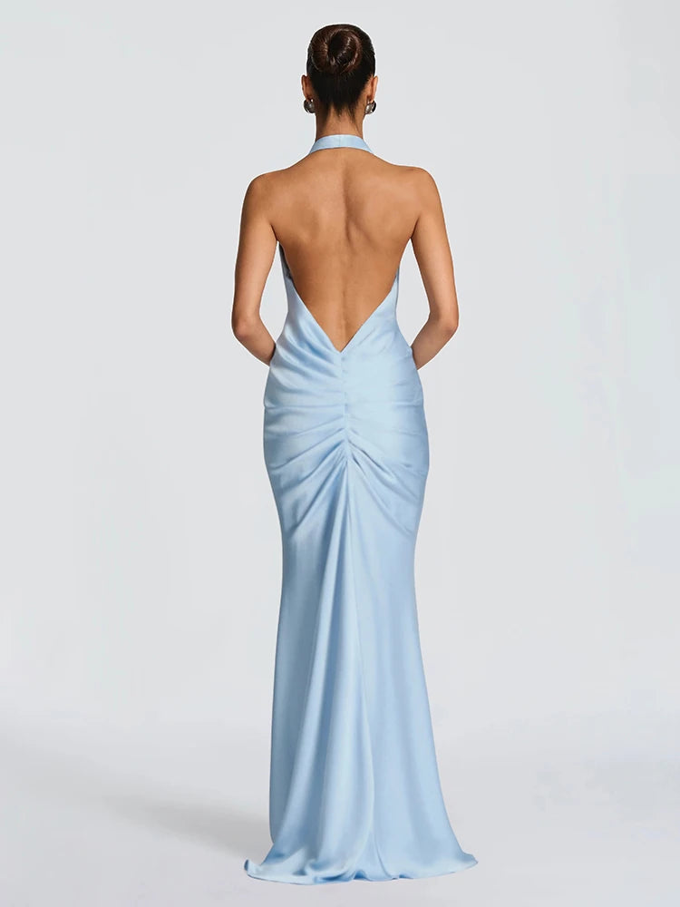Satin Maxi Dress with V-Neck, Pleats, and Open Back - Shannon