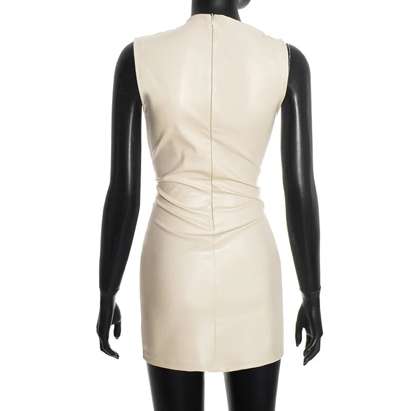 Mini Faux Leather Dress with Pleats Design - SIERA