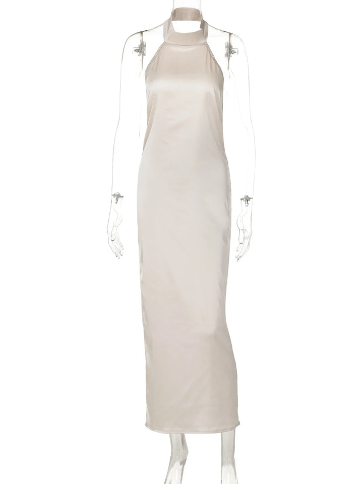 Satin Maxi Dress with Collar and Open Back - Lilly