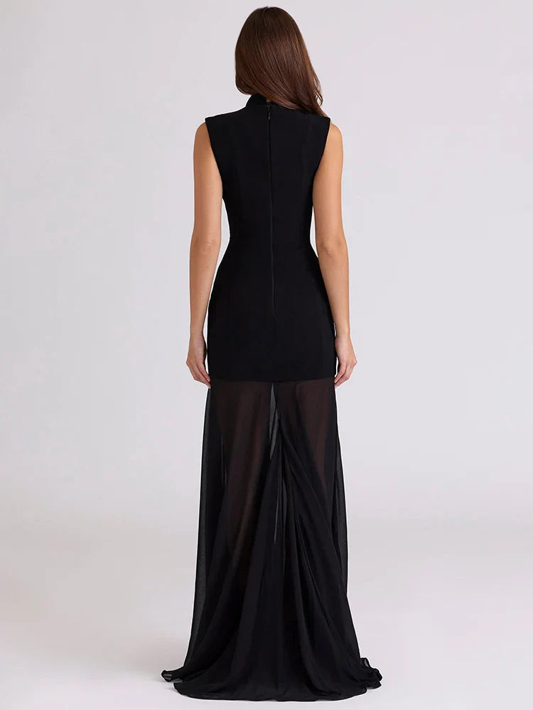 Maxi Dress with Collar and Chiffon Design - DARIA