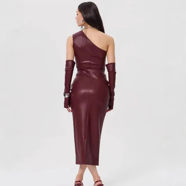One-Shoulder Faux Leather Maxi Dress with Glove Detail - Thea