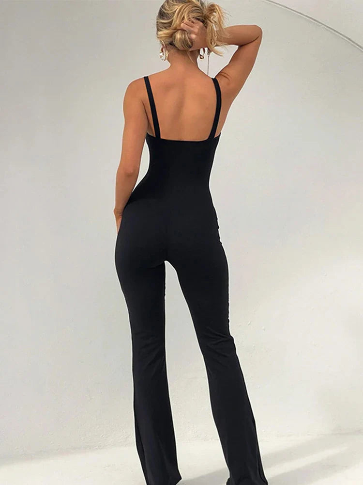 Long lace jumpsuit with shaping fabric and open back - Mika