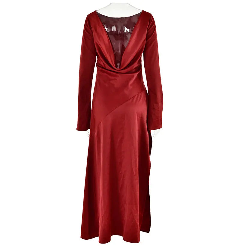 Maxi satin evening dress with open back, slit, and bell sleeves - Marian