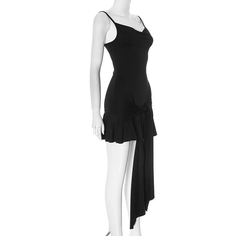 Ruffled Mini Dress with Spaghetti Strap Tie Detail - Selena