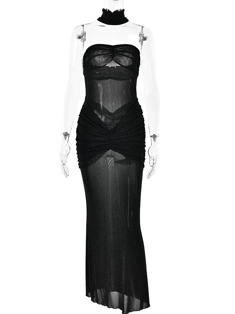 Strapless Maxi Dress with Glitter Mesh and Ruching Detail - Haisley