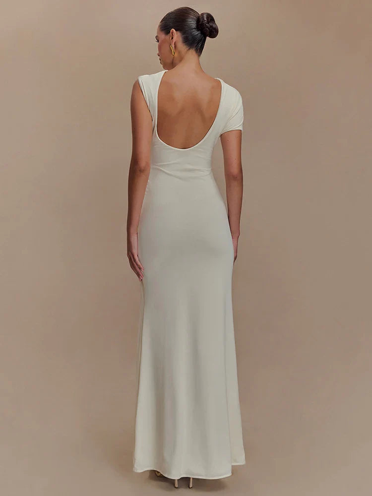 Elegant Maxi Dress with Ruching, One Sleeve, and Buckle Detail - Agatha