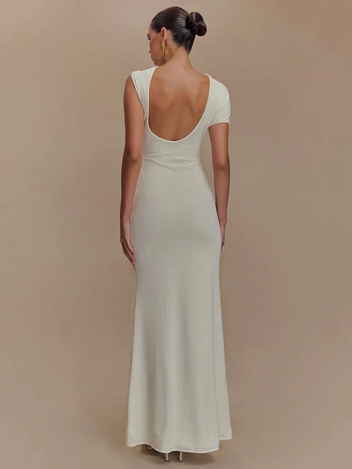 Elegant Maxi Dress with Ruching, One Sleeve, and Buckle Detail - Agatha