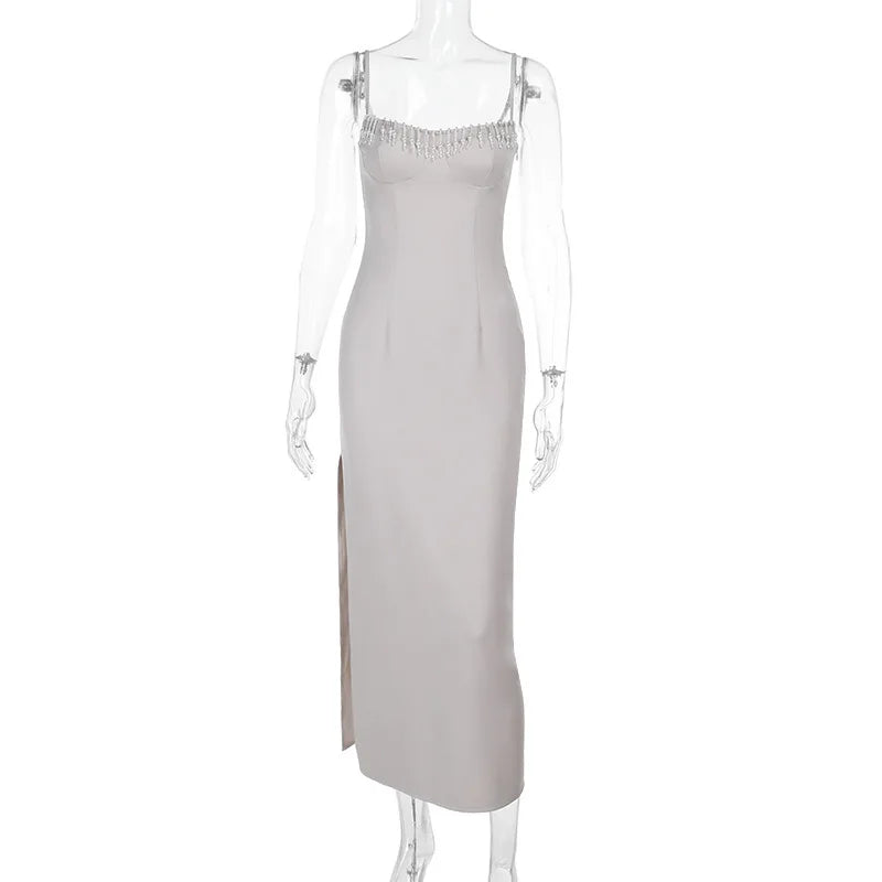 Midi Shaping Dress with Bead Detail and Slit Design - Barbara