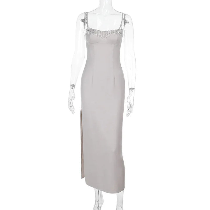 Midi Shaping Dress with Bead Detail and Slit Design - Barbara