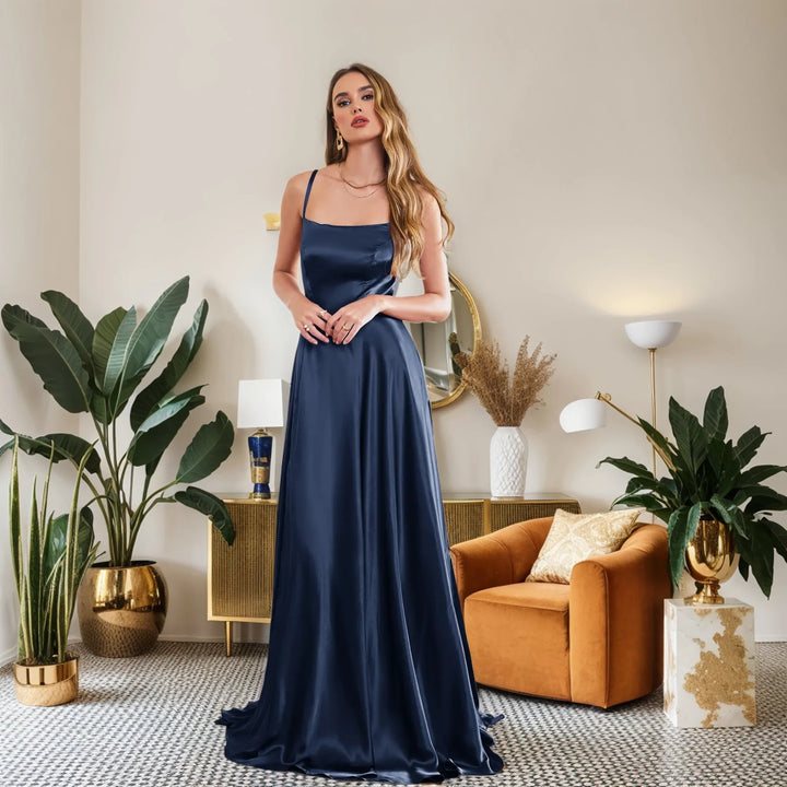 Elegant Maxi Satin Dress with Slit, A-Line Design, Back Tie - Prince