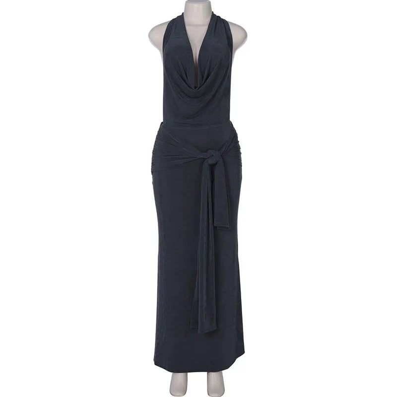 Knitted Suede Maxi Dress with Draped Collar, Open Back, and Tie Detail - Michaela