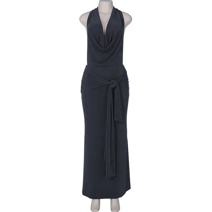 Knitted Suede Maxi Dress with Draped Collar, Open Back, and Tie Detail - Michaela