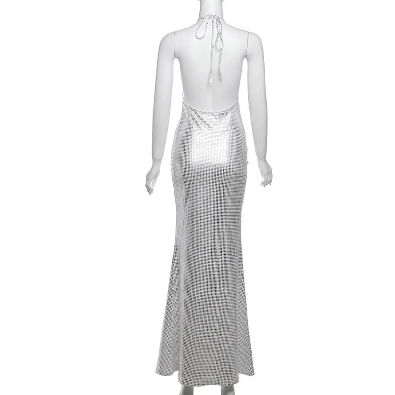 Maxi Dress with Collar, Open Back, and Sparkling Square Design - Casey