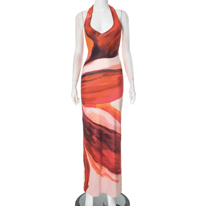Maxi Dress with Colorful Print, Neck Tie, and Open Back - Chulia