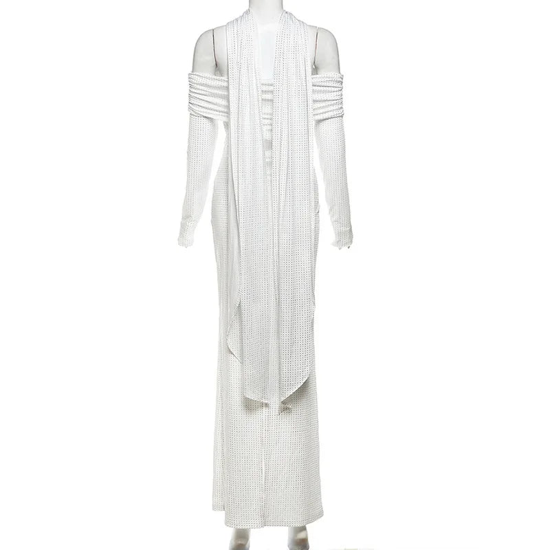 Maxi Off-Shoulder Dress with Glittering Sequins and Matching Scarf - Sandra