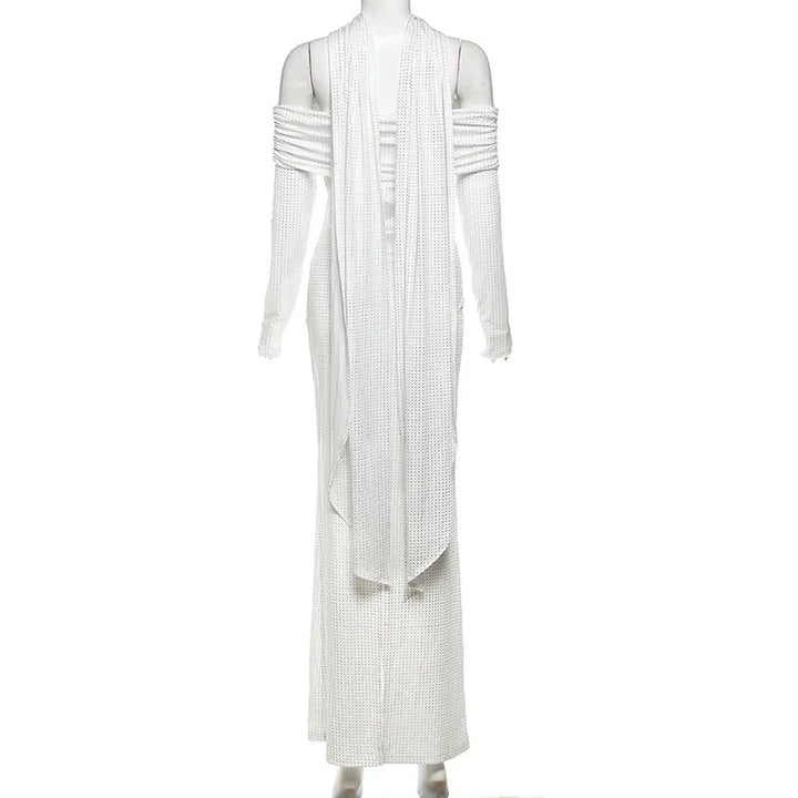 Maxi Off-Shoulder Dress with Glittering Sequins and Matching Scarf - Sandra