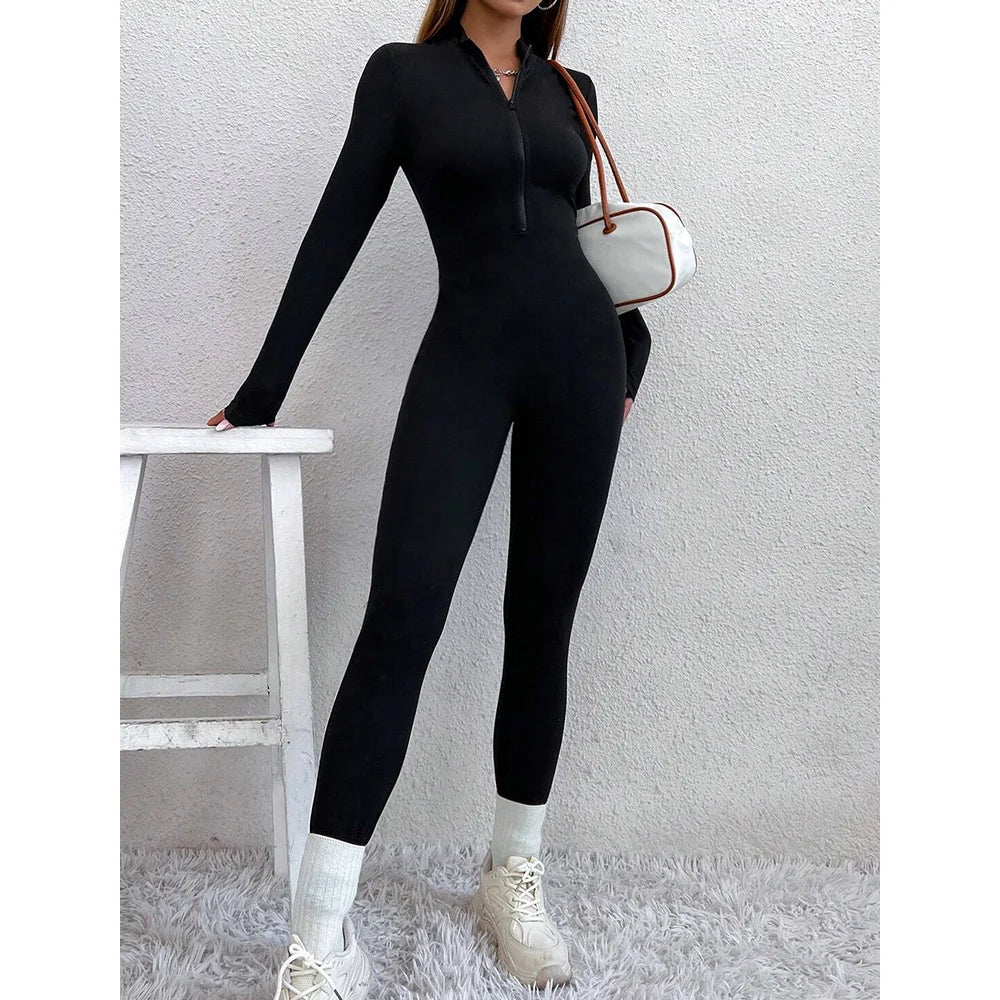 Long fitted jumpsuit with shaping fabric and front zipper closure - Alisson