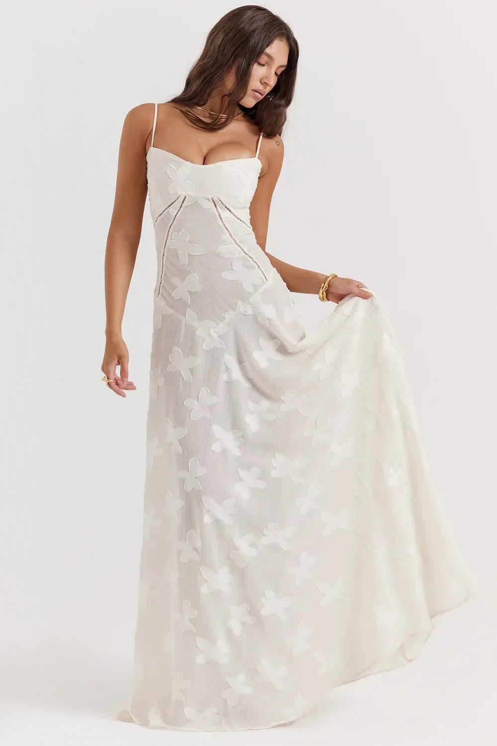 Maxi Dress with Floral Embroidery, Back Tie for Waist Fit - Millie