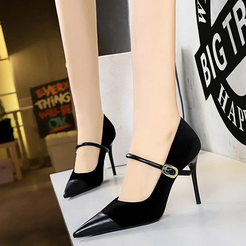 Pointed Heel Shoes with Velvet and Faux Leather Buckle Decoration - Mabel