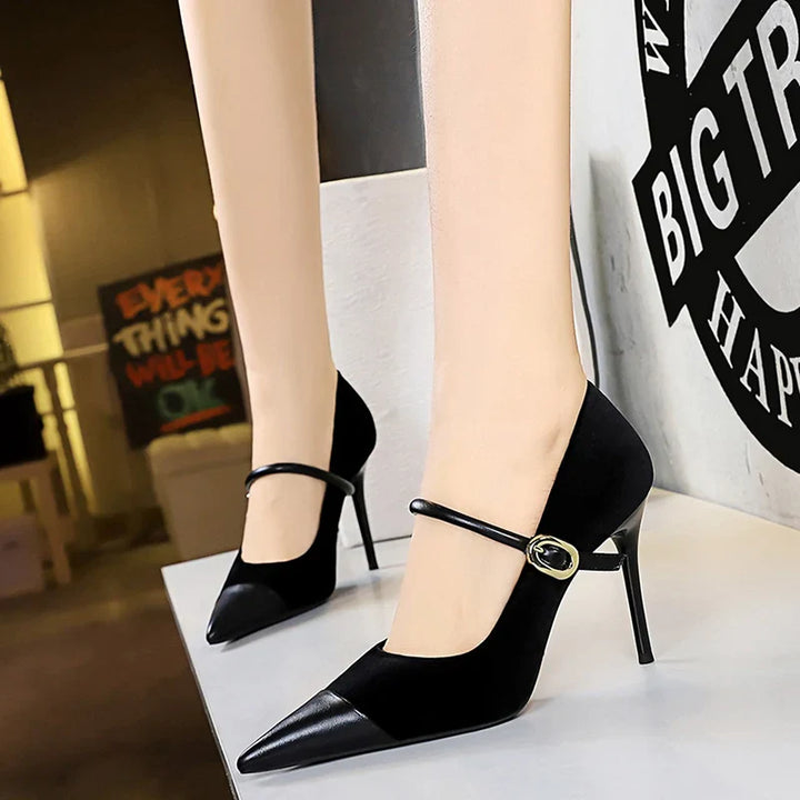Pointed Heel Shoes with Velvet and Faux Leather Buckle Decoration - Mabel