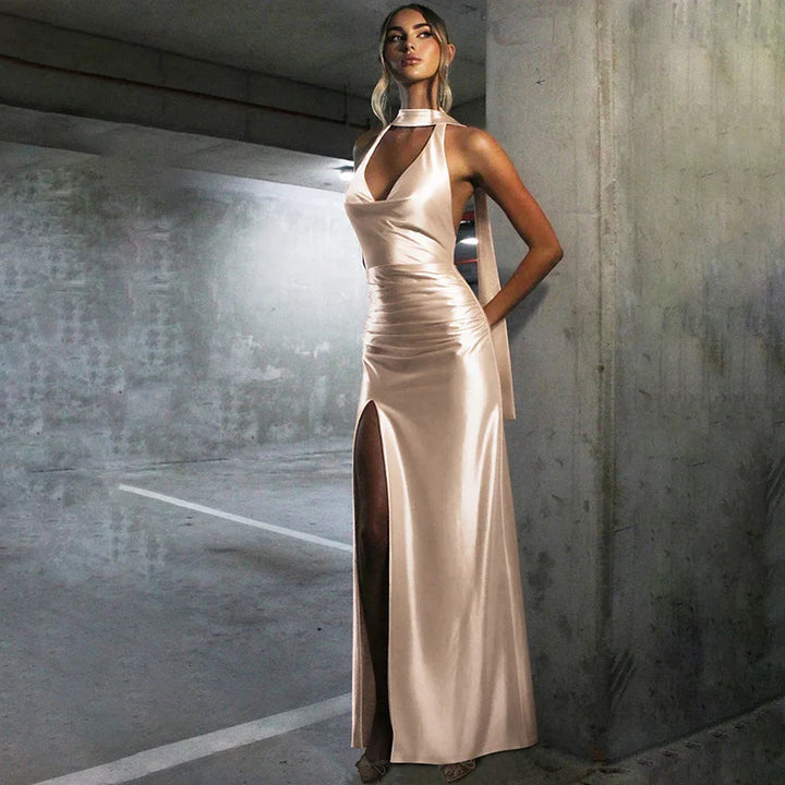 Open Back Satin Maxi Dress with Slit and Matching Scarf Decoration - Felicia
