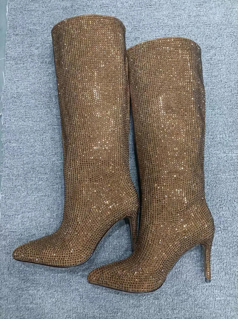 High Pointed Heel Boots with Sparkling Rhinestone Design - Josie