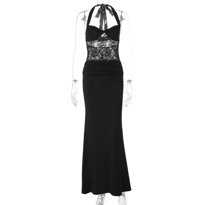 Maxi Dress with Lace and Tie at the Nape, Open Back - Nahora