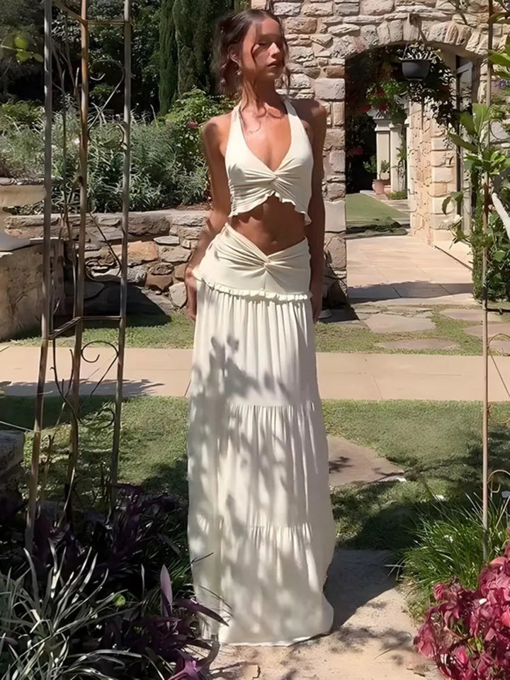 Two-piece set maxi skirt and neck tie top - Lorenza
