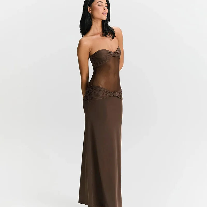 Maxi Dress with Removable Straps, Ruched and Mesh Design - Blair