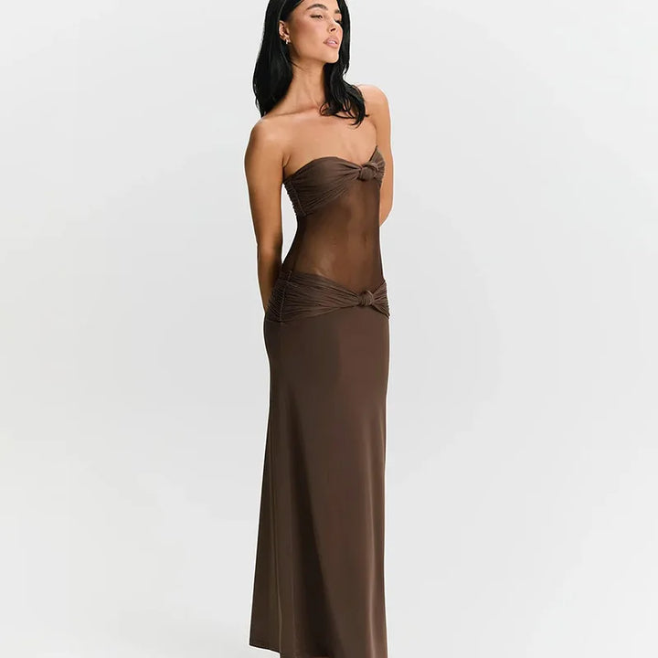 Maxi Dress with Removable Straps, Ruched and Mesh Design - Blair