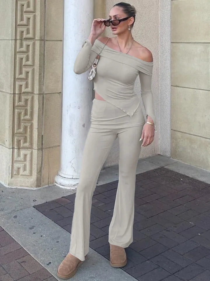 Two-piece knitted set with asymmetrical off-shoulder top and long pants - ROZIE