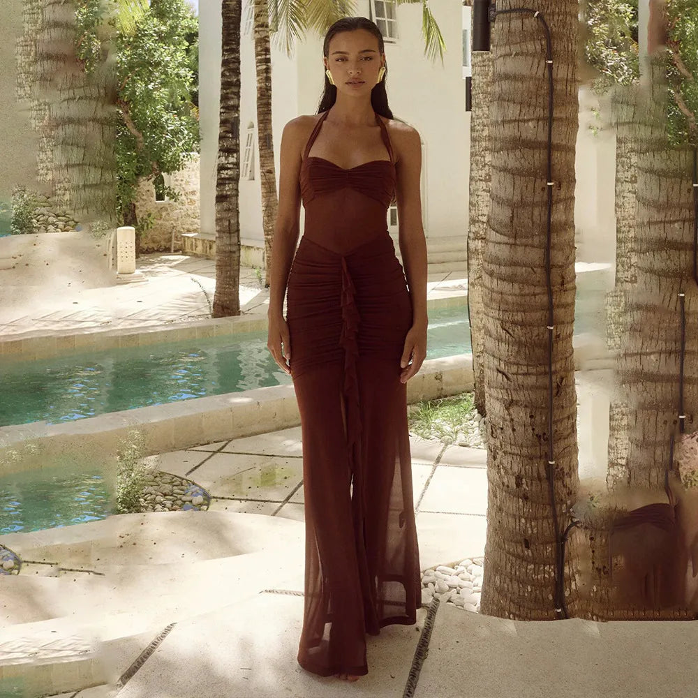 Maxi Chiffon Dress with Ruching Detail and Neck Tie Ruffle - Shelly