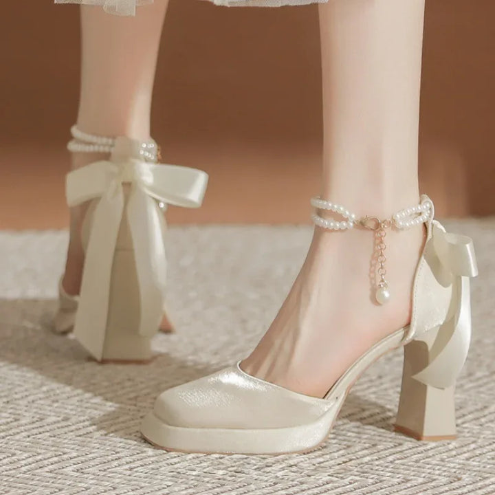 Velvet High Heels with Pearl and Bow Decoration - Vita