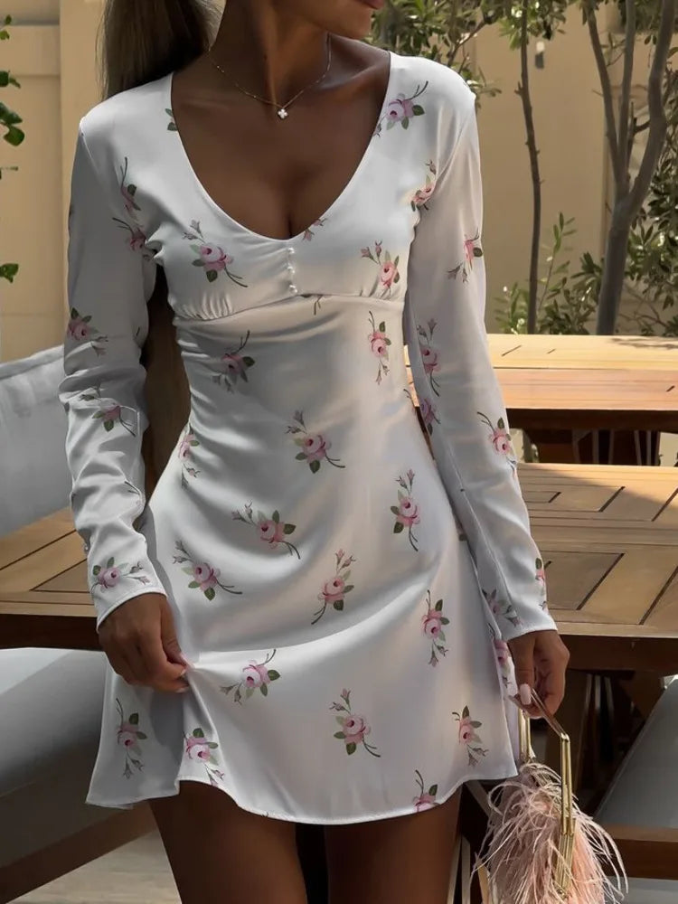 Satin Mini Dress with A-Line Cut and Floral Print Decoration - Ariya