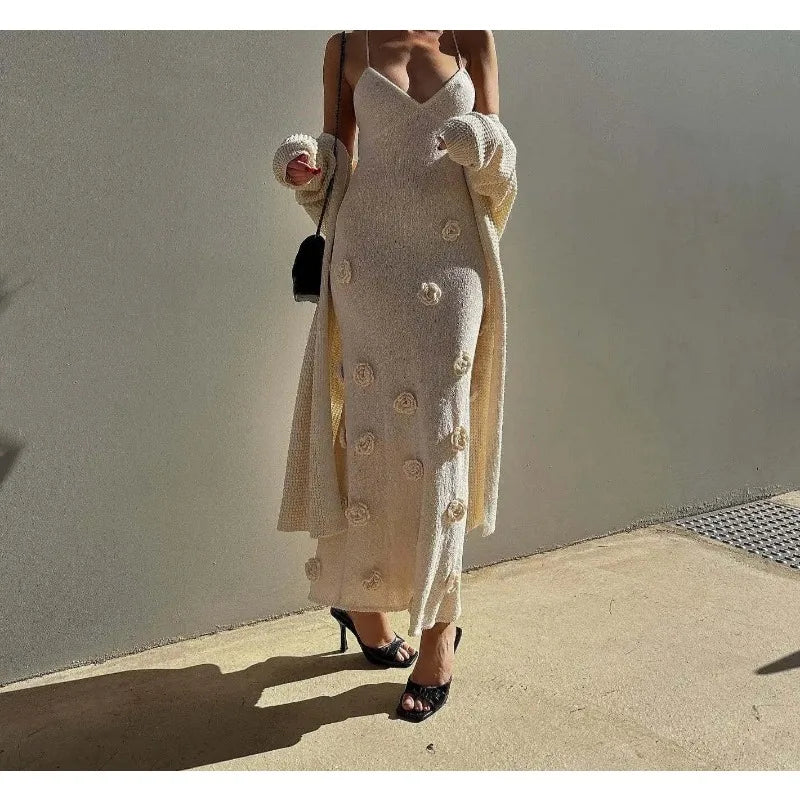 Knitted Maxi Dress with Floral Appliqués and Back Tie Detail - Malaya