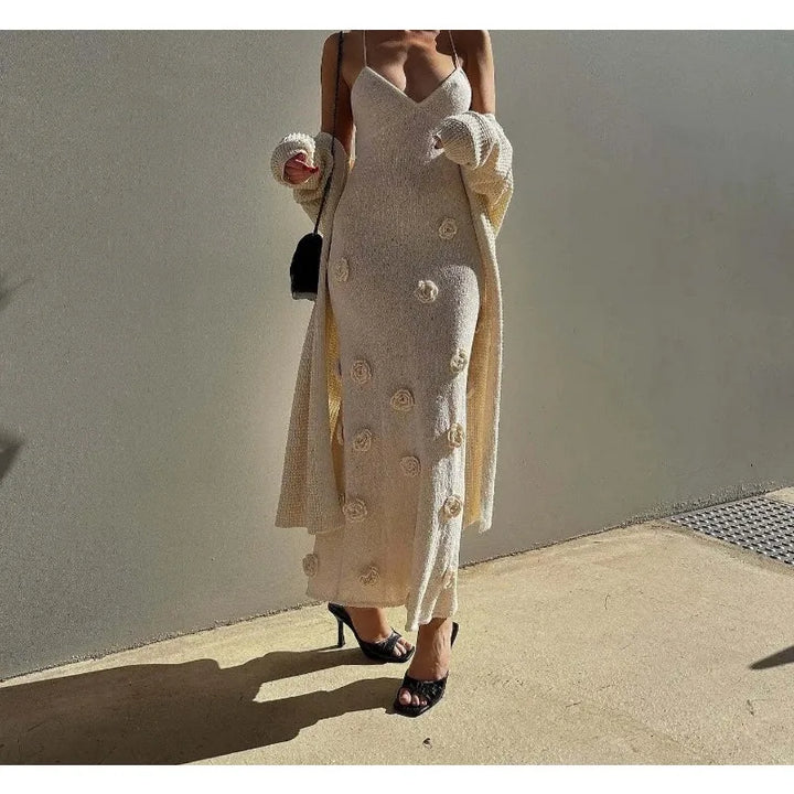 Knitted Maxi Dress with Floral Appliqués and Back Tie Detail - Malaya