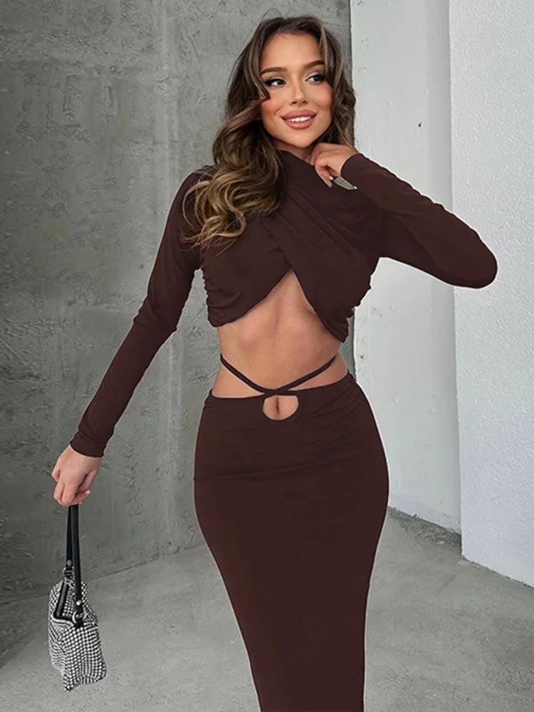 Two-piece set cross turtleneck top and maxi skirt with cross design at waist - Morena