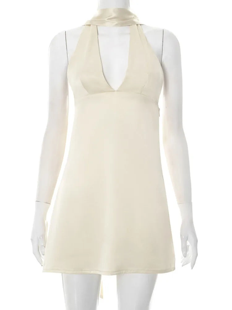 Satin mini dress with V neckline decorated with matching scarf - Karina