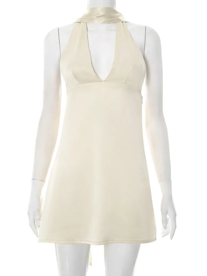 Satin mini dress with V neckline decorated with matching scarf - Karina