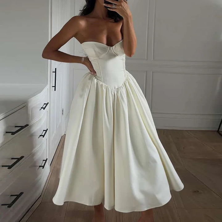 Strapless Midi Dress with A-Line and Elegant Design - Simone