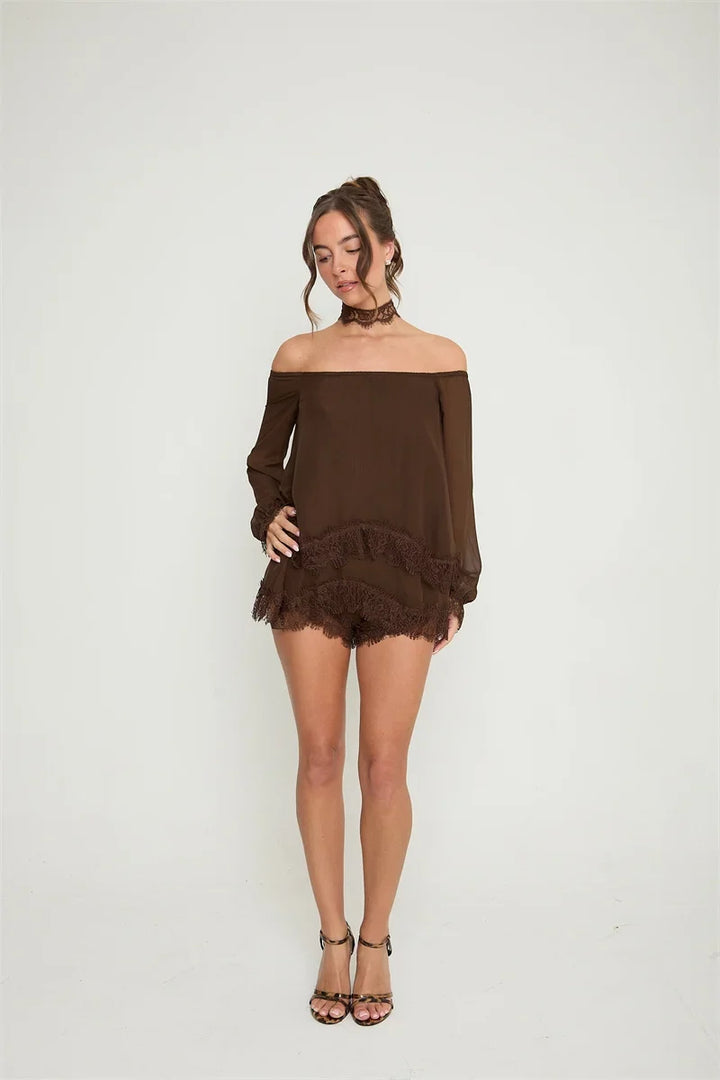 Off-the-shoulder mini dress with lace trim and matching shorts - Mali