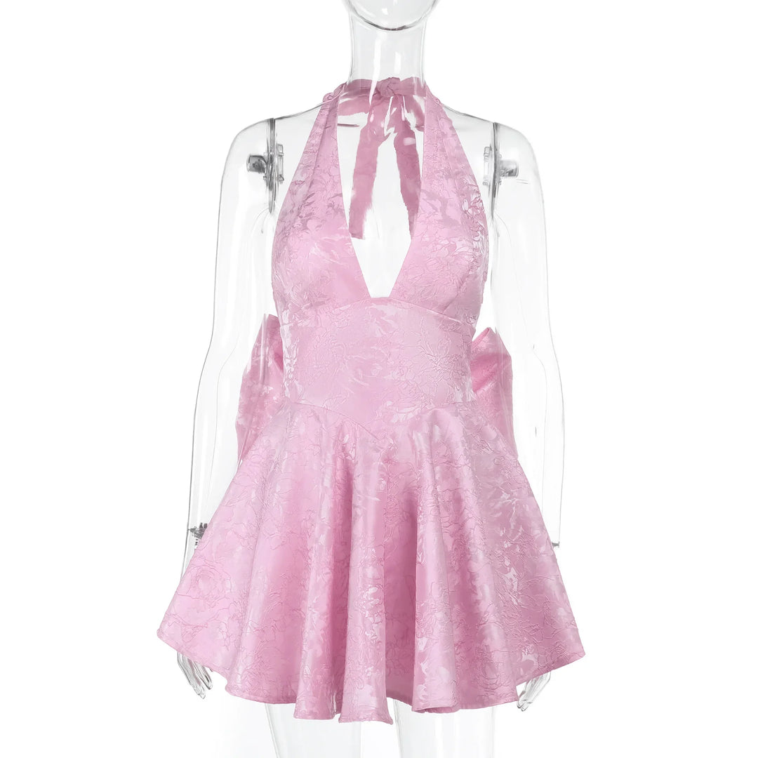A-line mini dress with floral embroidery, bow detail on the back, tie-back design for waist fit and neck tie - Pearl