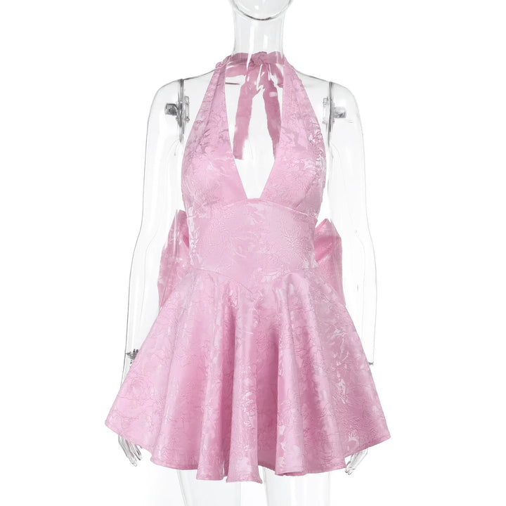 A-line mini dress with floral embroidery, bow detail on the back, tie-back design for waist fit and neck tie - Pearl