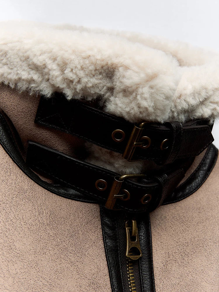 Short suede jacket with inner fur and leather belt decoration - Philip