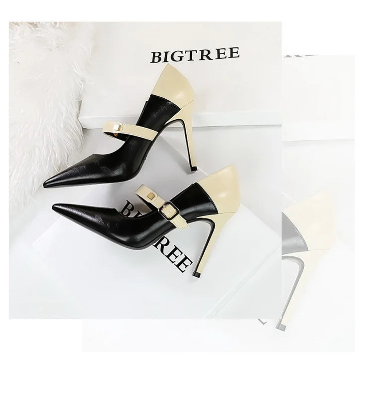 Faux Leather Pointed Heel Shoes with Buckle Decoration - Margaret